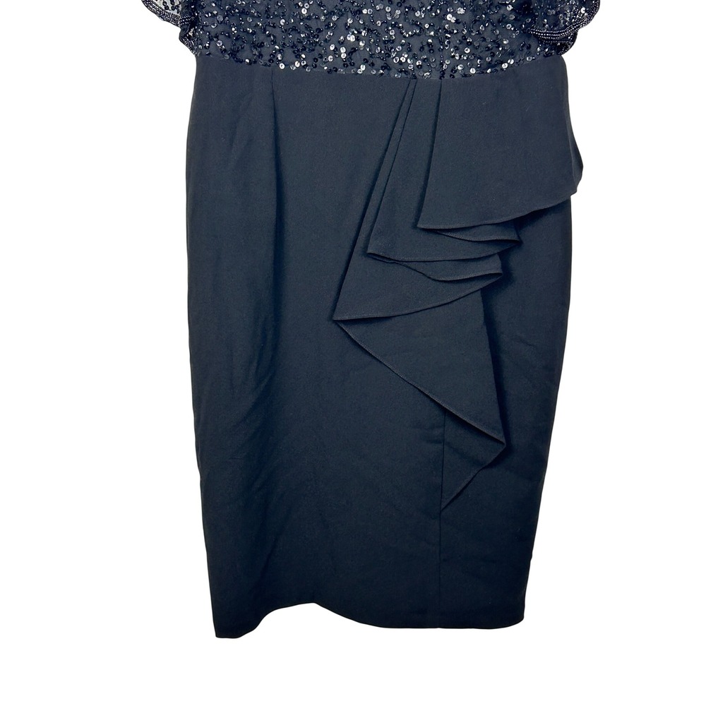 Adrianna Papell Sequin Sheath Dress Womens 14 Black Flutter Sleeve Ruffle Formal - Picture 4 of 10